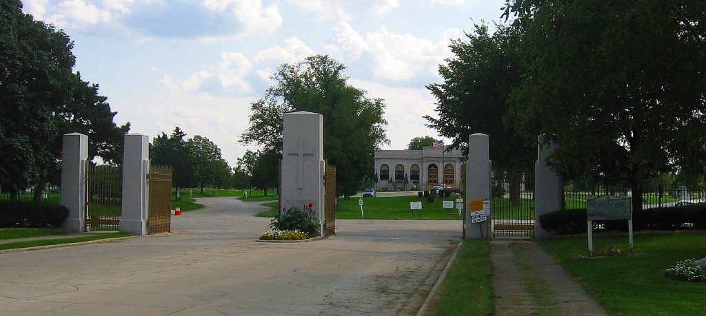 image of the front gates at resurrection cemetery