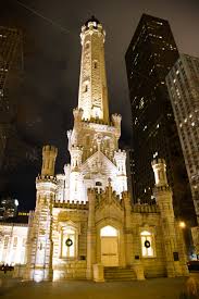 image shows the historic water tower at night